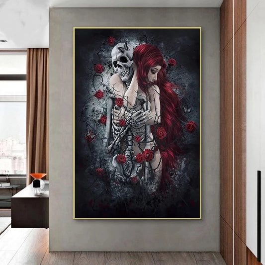 Skull Wall Art Painting Red Rose Canvas Picture Long-Haired Woman Poster and Print for Home Interior Decor Frameless Wall Print - DomesticWorx